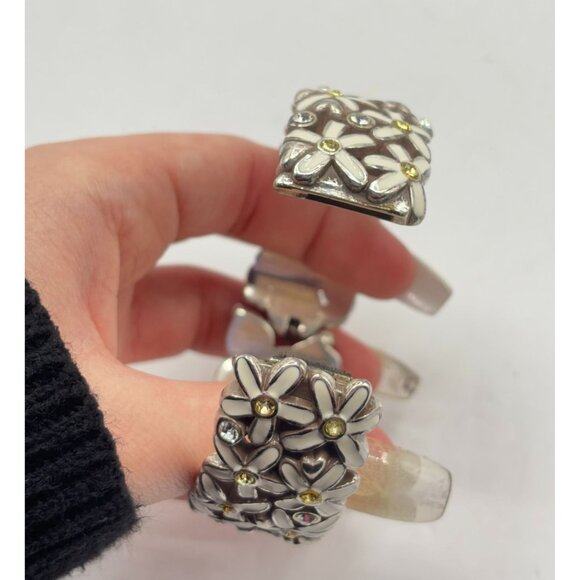 Brighton Silver Floral Daisy Hinged Bracelet With Yellow & White Rhinestones - Picture 4 of 5